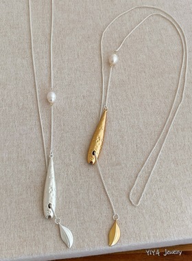 小众多种戴法金属叶片项链长款毛衣链女Y形天然淡水珍珠吊坠颈链