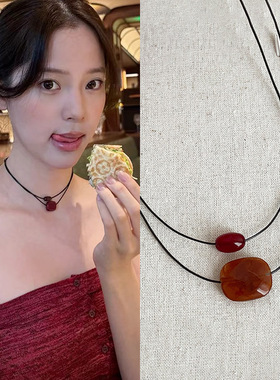 欧阳娜娜同款树脂红玛瑙黑绳项链女简约高级感时尚潮流颈链锁骨链