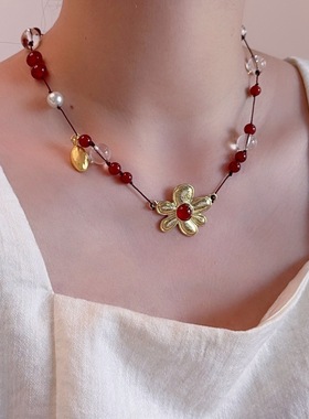 花朵古法编织项链女绿玛瑙串珠锁骨链小众高级感气质百搭颈链配饰