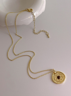 美拉德风天然石串珠罗盘吊坠叠戴项链女轻奢复古百搭颈链锁骨链