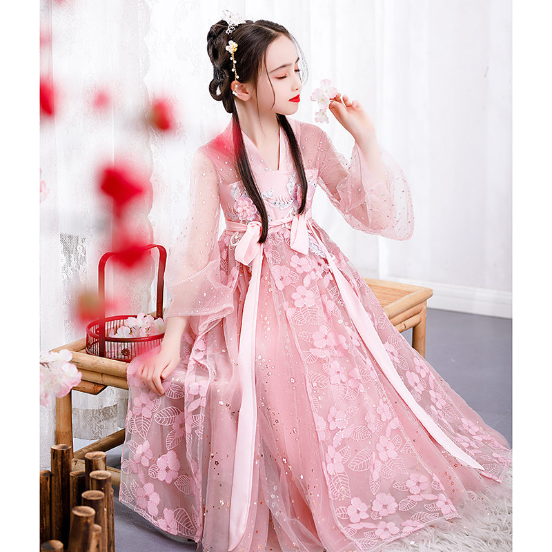 粉色儿童汉服女童改良中国风超仙连衣裙女孩飘逸襦裙演出服装春秋