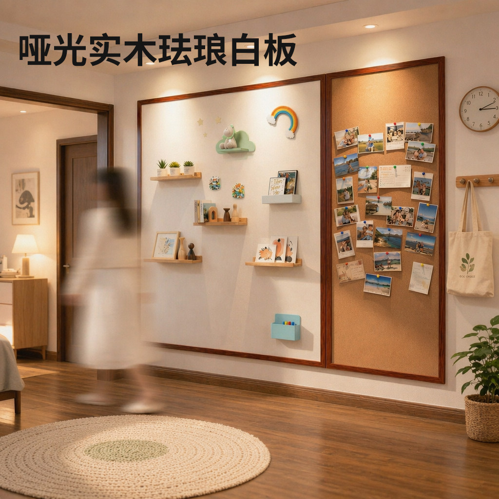 磁吸珐琅白板墙面磁吸黑板墙贴儿童家用带框实木边框可擦写版挂墙教学哑光涂鸦磁性展示板定制板软木板照片墙