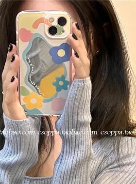 ins早春花朵补妆镜面苹果13promax手机壳12mini清新iphone11硅胶XR小众xsmax新i6/7p/8plus创意防摔se2保护套