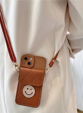 棕色ins风笑脸卡包realme真我10S手机壳v30t/v23i/v11s斜挎背带挂绳realmex7pro可放卡XT简约X2高级q5pro硅胶