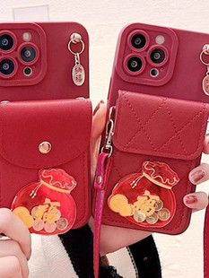 新年红招财福袋零钱卡包适用红米k80pro手机壳note12R喜庆TURBO3斜挎背带turbo带挂绳note9 7喜庆note10套