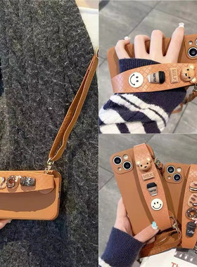 奶棕咖啡小熊腕带适用三星A33手机壳A54/a35/A23手提a72/a71背带挂绳a52s/a50s卡通A21s支架a40s防摔A13套5G