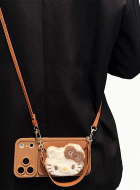 复古棕毛绒kt猫零钱包适用realme真我GT8pro手机壳Q3t秋冬款NEO7se卡通v60pro背带挂绳v11s女潮RealmeXT外壳