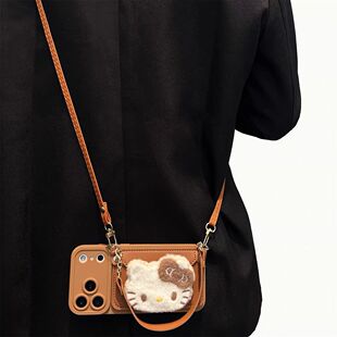 复古棕毛绒kt猫零钱包适用realme真我GT8pro手机壳Q3t秋冬款NEO7se卡通v60pro背带挂绳v11s女潮RealmeXT外壳