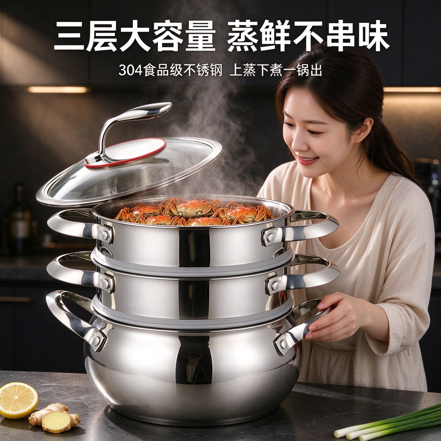 顺发304食品级不锈钢三层加厚超大容量蒸锅家用蒸炖两用多功能锅