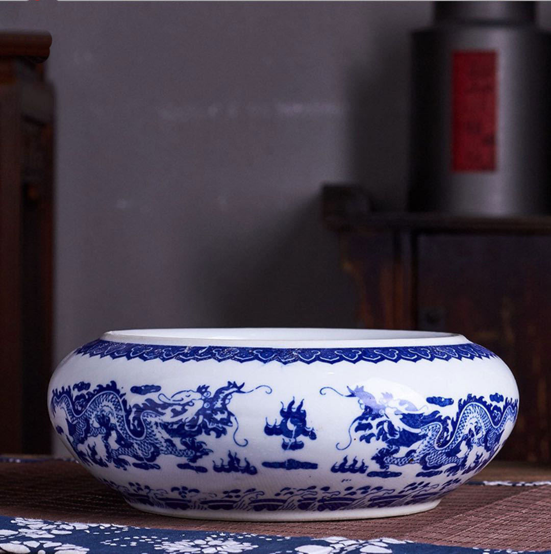 青花瓷龙纹笔洗陶瓷砚台景德镇大中小号笔洗陶茶洗文房四宝毛笔书法