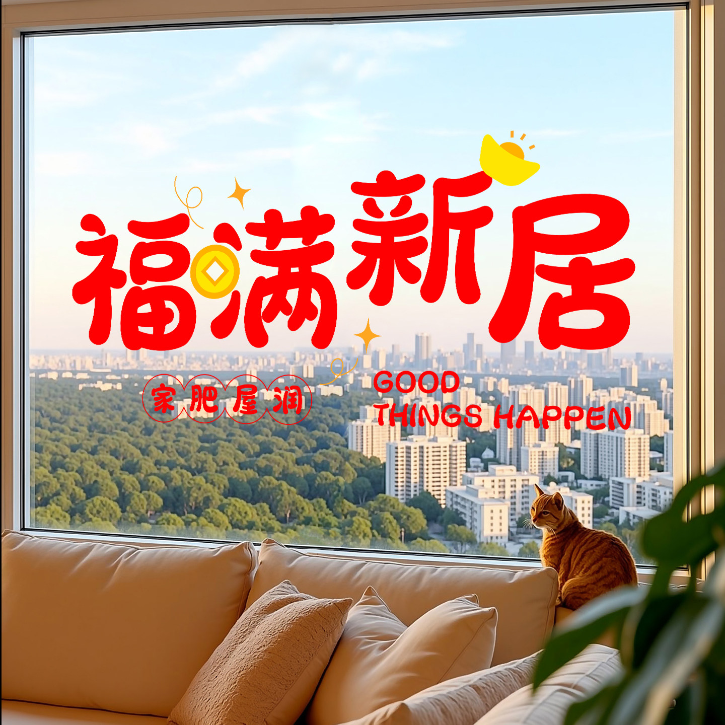 福满新居乔迁窗花福字贴装饰布置窗贴新款乔迁入宅静电玻璃门贴纸