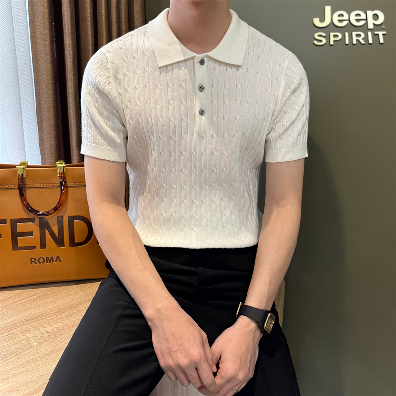 JEEP SPIRIT吉普麻花纹理Polo衫男夏季商务百搭轻奢针织T恤上衣