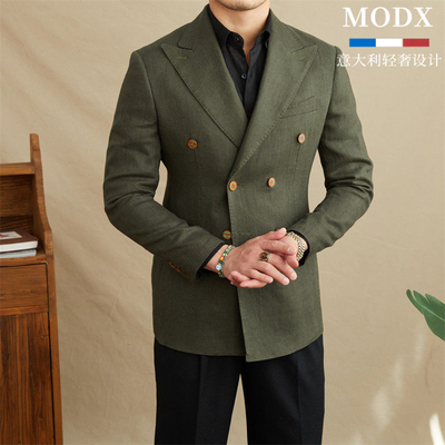 MODX意大利亚麻薄半里布双排扣修身西装透气百搭戗驳领西服外套男