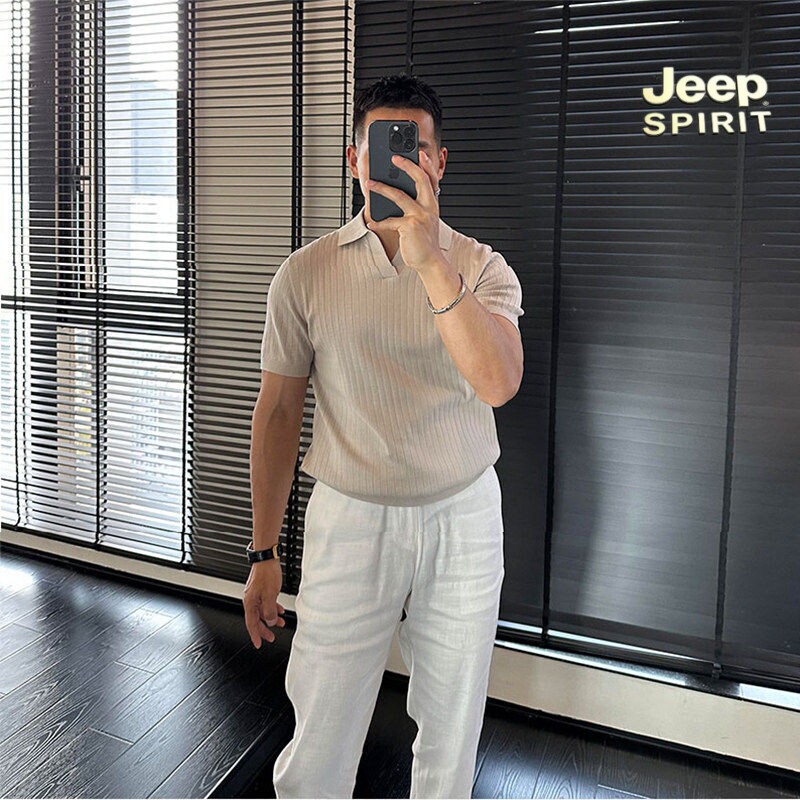 JEEP SPIRIT吉普条纹POLO衫男装短袖夏季商务休闲纯色V领T恤衫