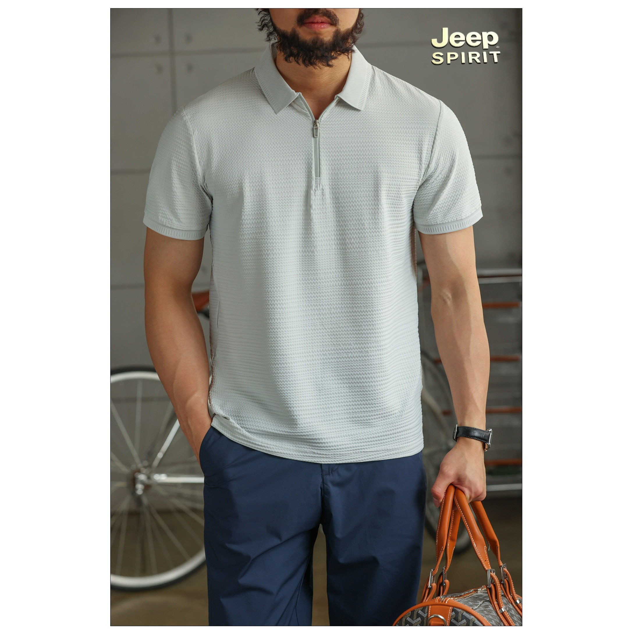 JEEP SPIRIT吉普抑菌速干弹力抗皱半拉链POLO衫男商务防晒短袖T恤