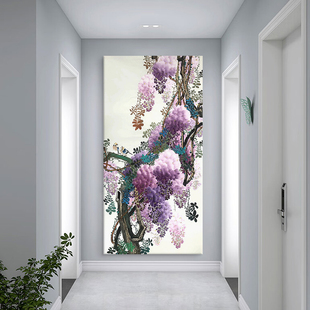 饰画新中式 入户玄关紫气东来东墙挂画客厅抽象紫藤花卉装 手绘油画