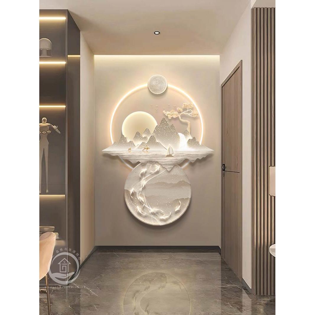 轻奢九鱼图玄关装饰画入户门背靠金山过道挂画走廊尽头高级感灯画