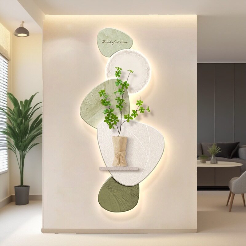 奶油风入户玄关装饰画带灯走廊过道绿植创意置物架高级感清新挂画