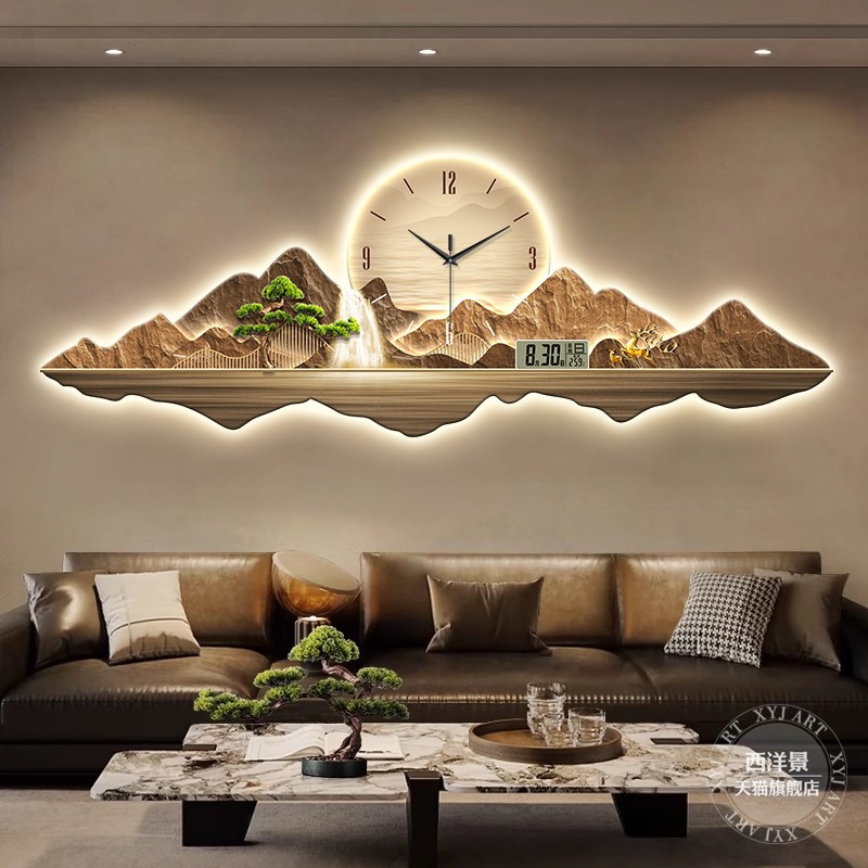 现代轻奢客厅装饰画寓意好山水画高级感LED灯画新中式沙发背景画