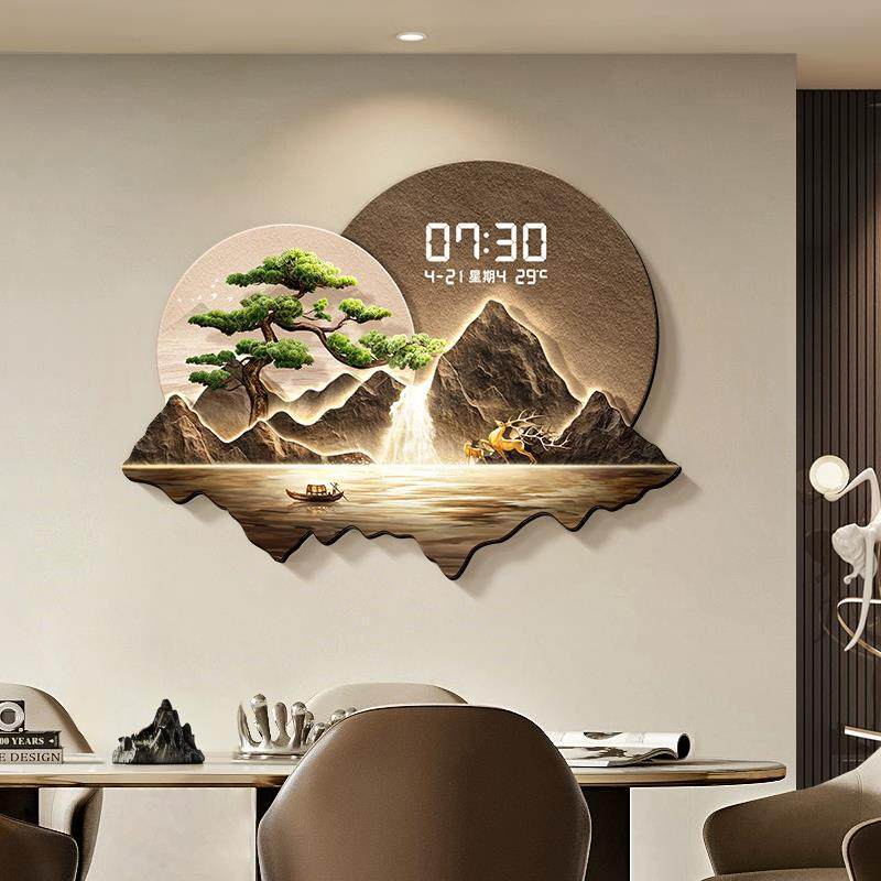 现代轻奢餐厅装饰画万年历大气山水画客厅钟表挂画高级感饭厅壁画