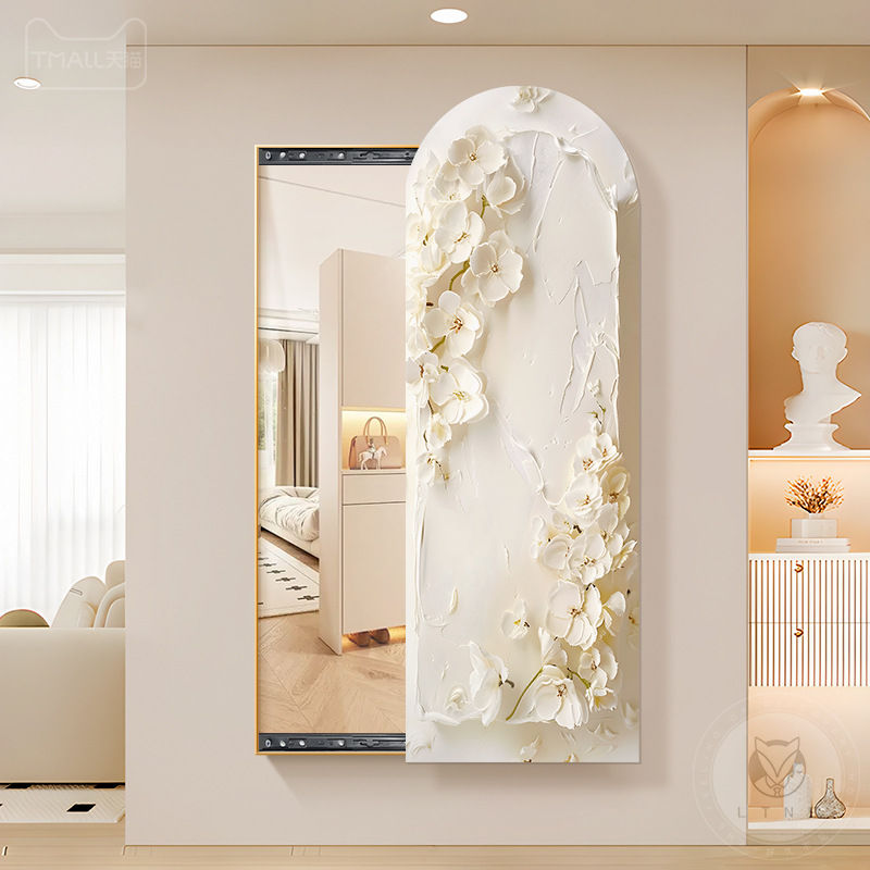 奶油风玄关镜子装饰画推拉暗藏式全身镜挂画可遮挡隐形穿衣镜壁画