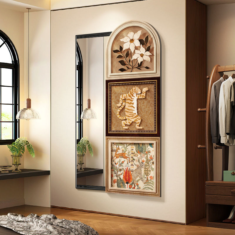 中古风推拉穿衣镜入户玄关法式隐藏式全身镜装饰画卧室隐形镜子画