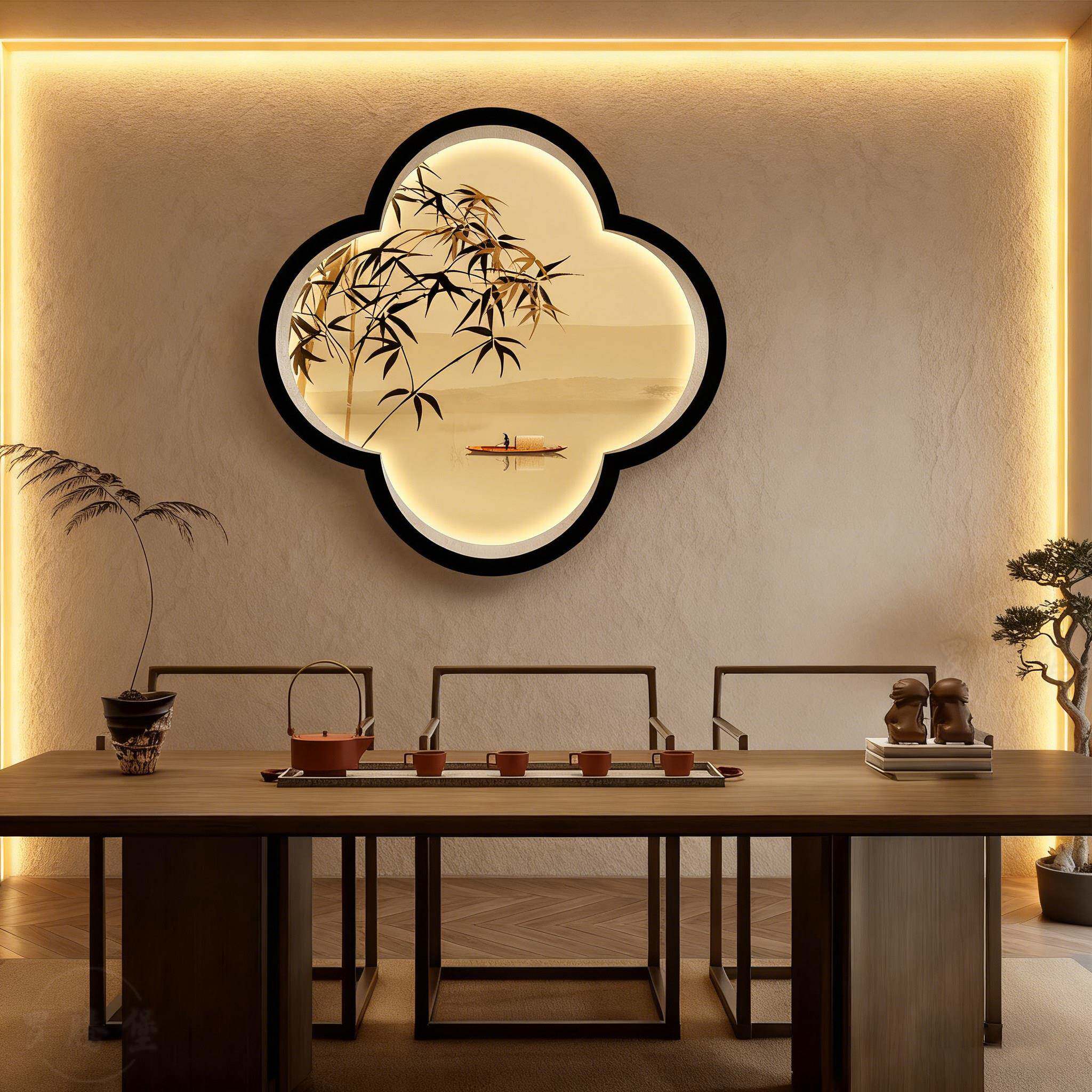 海棠花窗竹影装饰画异形发光灯箱宋式美学餐厅酒店玄关茶馆挂画
