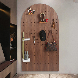 木工小舅 定制扇形墙面收纳置物架 入户玄关黑胡桃拱形洞洞板实木