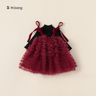 婴幼儿早春套装女童圣诞节公主裙韩版网纱系带连衣裙生日礼服红