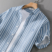 商务休闲刺绣衬衣男士 夏季 男短袖 修身 薄款 免烫泡泡纱面料条纹衬衫