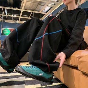 男款 子宽松直筒垂感阔腿裤 秋冬美式 男生裤 撞色弯刀休闲卫裤 运动裤