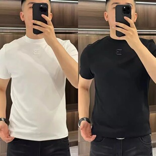 白色立体刺绣T恤男款夏潮牌重磅弹力修身短袖痞帅高级感圆领半袖