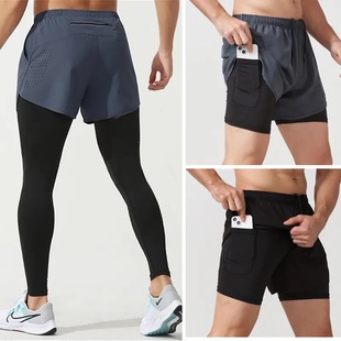 假两件运动裤男篮球田径跑步吸汗速干紧身裤健身房训练打底长裤秋