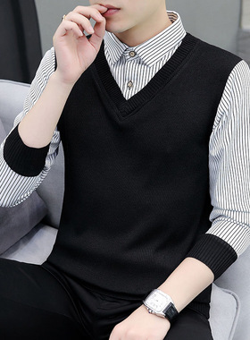 衬衫领卫衣男士春秋季痞帅假两件长袖衬衫男装条纹拼接打底衫上衣