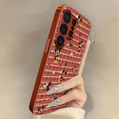 格纹米奇老鼠适用于三星galaxys25手机壳s25plus新款s25ultra卡通s24可爱小羊皮s23网红s22好看男女高级支架