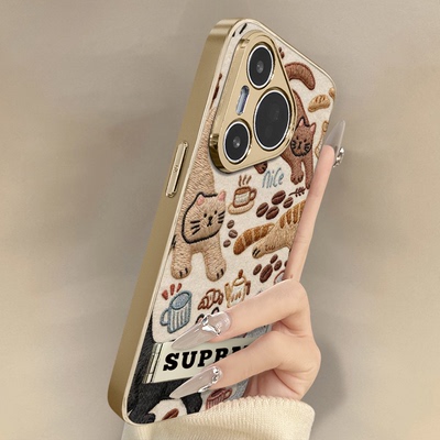 咖啡猫咪适用于华为pura80手机壳新款70ultra卡通p60网红p50e可爱p40女p30pro高级支架全包防摔小羊皮保护套