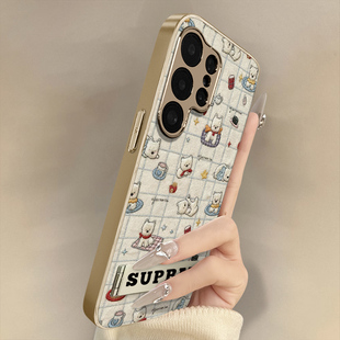 格纹白狗适用于三星galaxys25手机壳s24ultra新款 s23ultra卡通22网红s24可爱女高级支架全包防摔小羊皮保护套