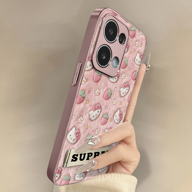 草莓kt猫适用于opporeno14手机壳13pro新款12pro卡通11网红10可爱9女高级8支架7pro全包6pro防摔小羊皮保护套