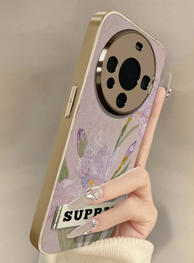 国风紫色鸢尾花适用华为mate70手机壳mate60pro高级感pura70ultra创意p50e小众60新款男女30支架电镀小羊皮