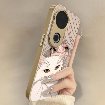 抱猫少女适用vivoS20Pro手机壳S19高级网红S18e趣味S17t新款S16可爱女S15Pro电镀S12镜面S10全包防摔支架