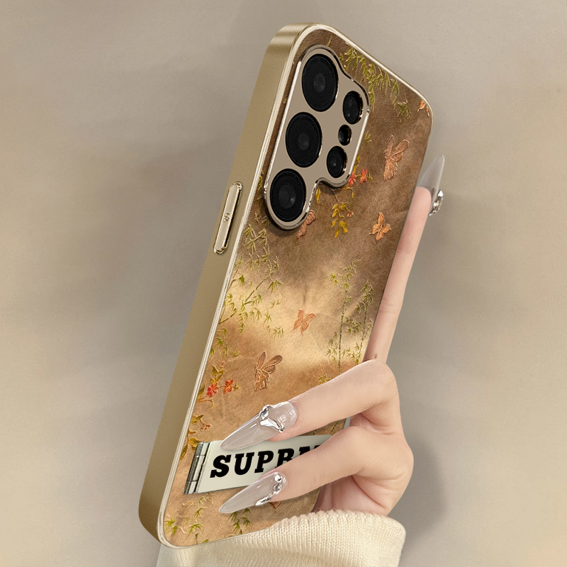 竹子飞蝶适用三星galaxys24手机壳s23ultra网红s23国风s22情侣s22新款可爱s24女款电镀防摔小羊皮高级感支架