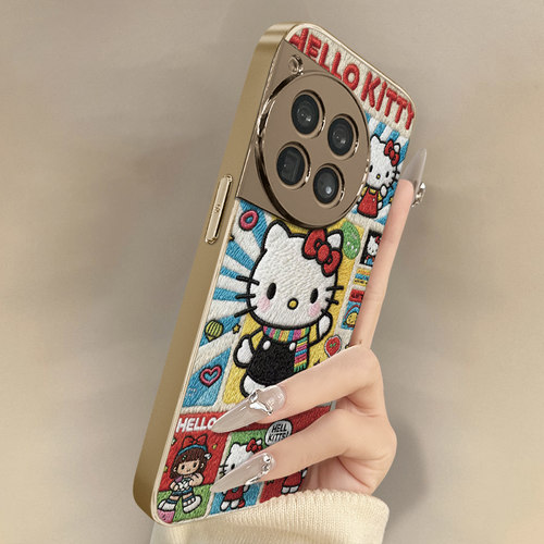 围巾kt猫适用于一加15手机壳1加13T新款12卡通11网红ace6可爱ace5pro女ace3高级2支架全包防摔小羊皮保护套