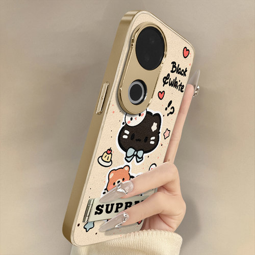 黑白小猫适用于vivos30手机壳s20pro新款s18e卡通s17t网红15可爱s19女s16高级12支架s10全包防摔小羊皮保护套