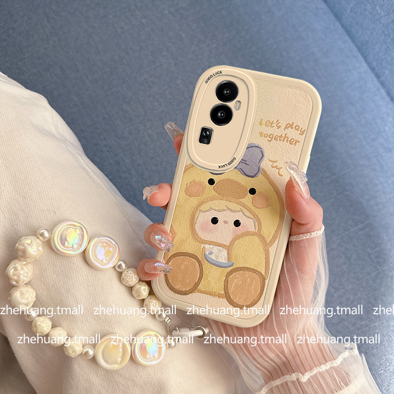 油画卡通小鸭子链条适用opporeno10pro手机壳4se新款reno11软6pro硅胶reno7趣味8pro可爱r17全包少女9保护套