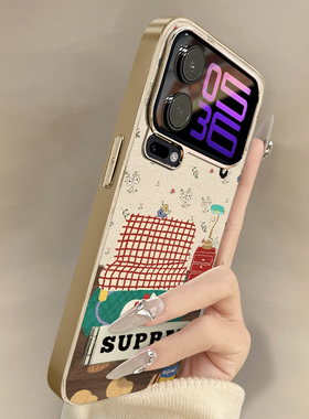 沙发碎花猫咪钟适用小米17promax手机壳14ultra网红13卡通15创意新款70可爱11女k80防摔k60e小羊皮note14支架