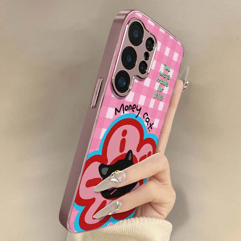 金钱花猫适用于三星galaxys25手机壳s25plus新款s25ultra卡通s24可爱小羊皮s23网红s22好看男女高级防摔支架