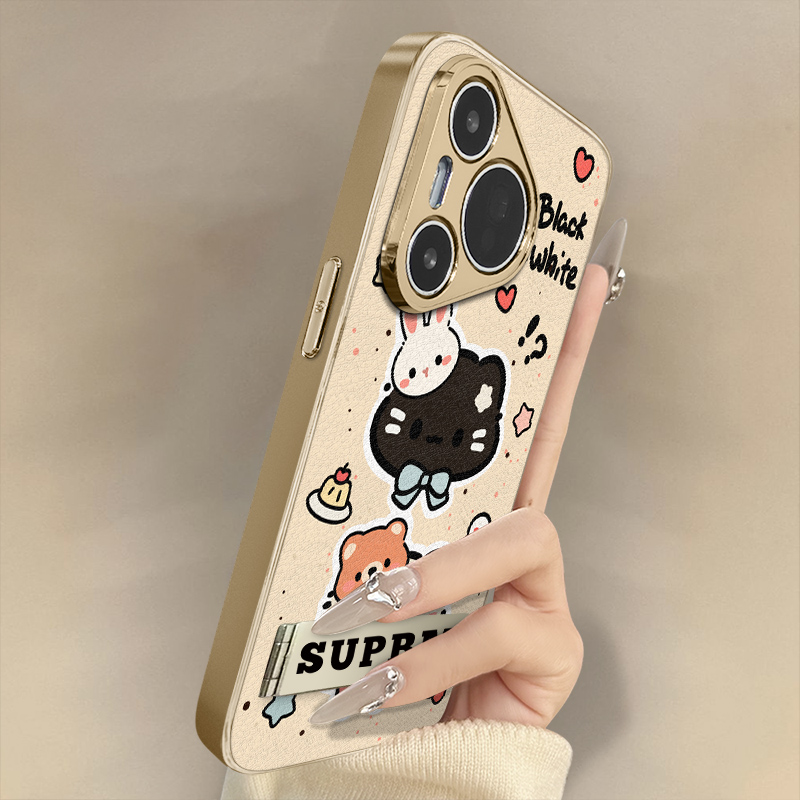黑白小猫适用于华为pura80手机壳新款70ultra卡通p60网红p50e可爱p40女p30pro高级支架全包防摔小羊皮保护套