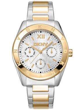 代购DKNY唐可娜儿女士腕表计时日期星期多时区双色钢带防水金属