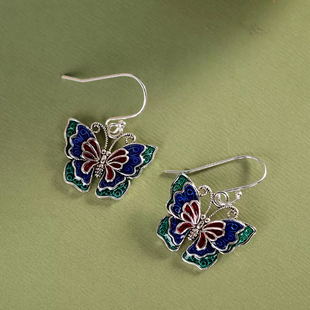 S925银滴胶烧蓝蝴蝶流苏耳坠个性复古做旧泰银民族耳环老银匠手工
