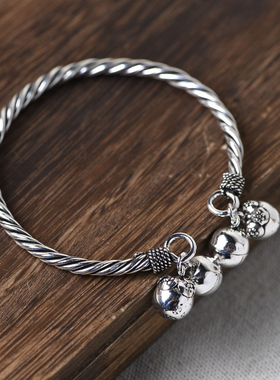 泰国清迈手工银纯银麻花手镯吉祥珠铃铛泰银手环女款老银匠手工